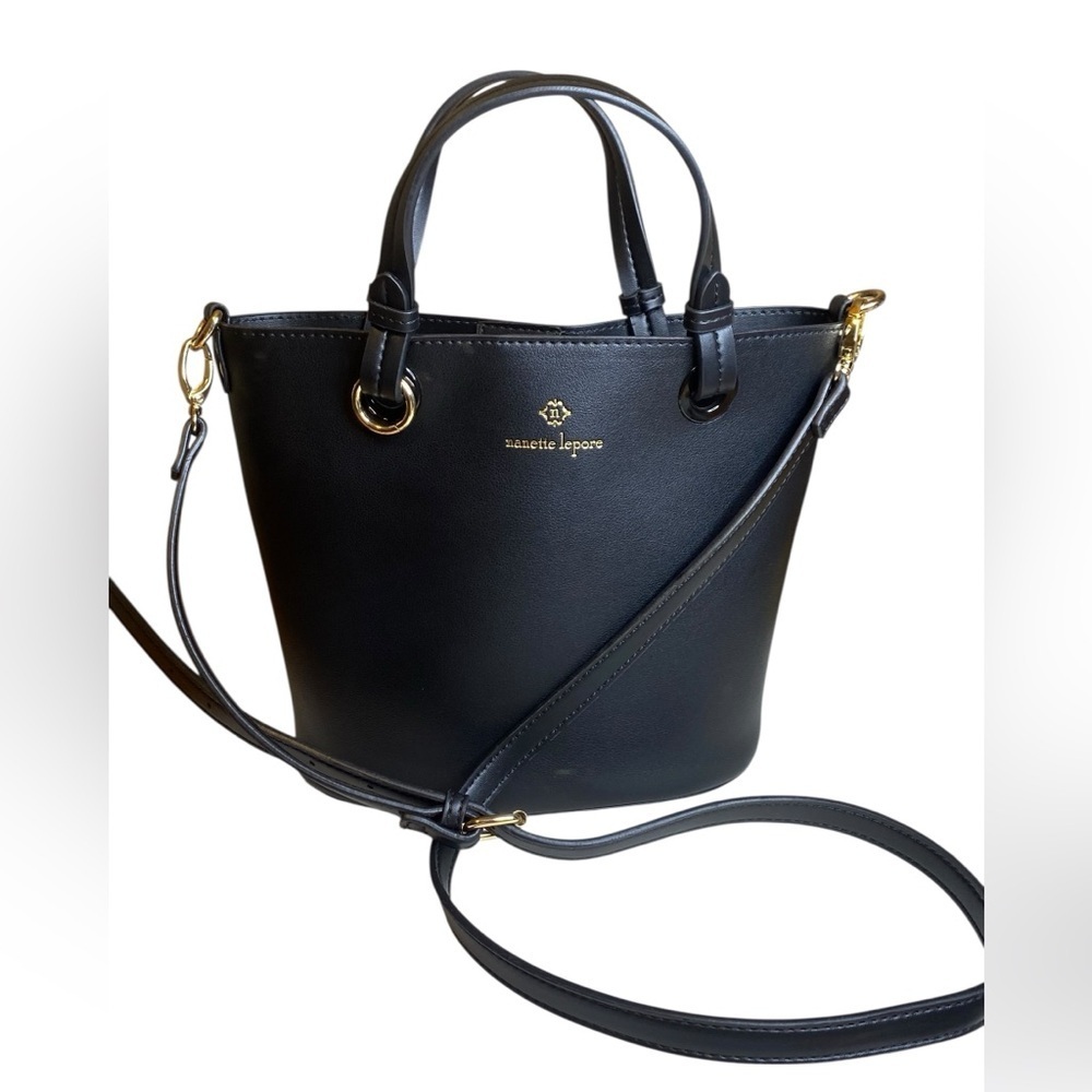 Nanette Lepore Black Vegan Leather Bucket Satchel Crossbody Gold Hardware